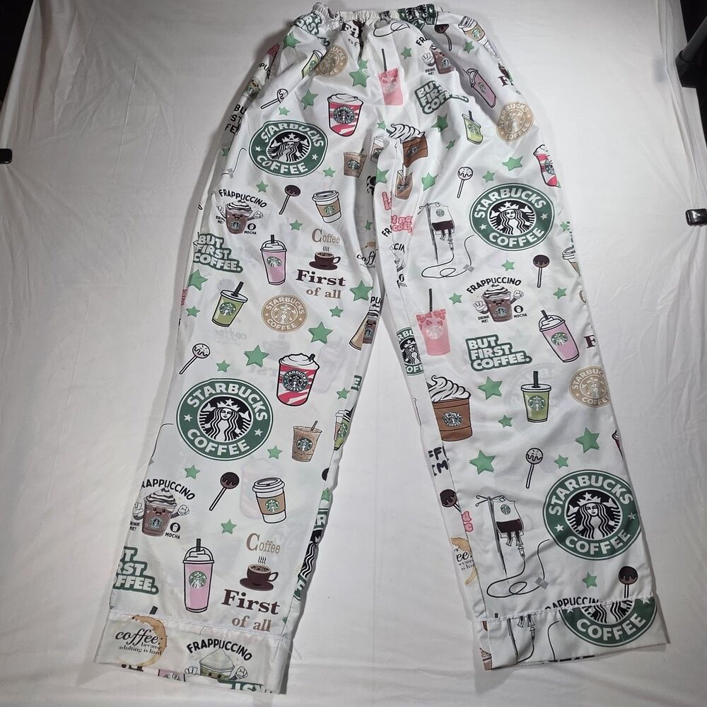Starbucks Pajama Set Womens 3XL White But First Coffee Print Graphic Satin... - Picture 2 of 9